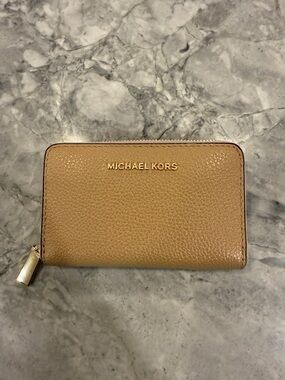 Michael Kors Camel Pebbled Leather Zip Card Wallet
